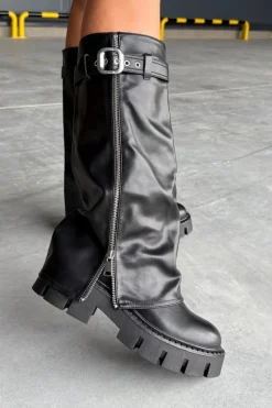 Best Ocieplane Kozaki Z Wywiniętą Cholewką Klamrą I Srebrnym Zamkiem Czarne Armena Damskie Kozaki Ocieplane|Kozaki Z Wywiniętą Cholewką