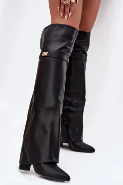 New Boto Ocieplane Kozaki Z Wywiniętą Cholewką Za Kolano Obcas Słupek Czarne Serelle Czarny
