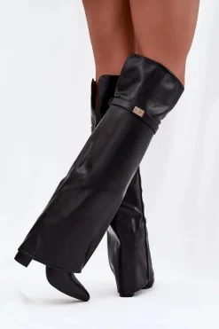 New Boto Ocieplane Kozaki Z Wywiniętą Cholewką Za Kolano Obcas Słupek Czarne Serelle Czarny