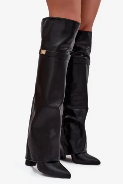 New Boto Ocieplane Kozaki Z Wywiniętą Cholewką Za Kolano Obcas Słupek Czarne Serelle Czarny