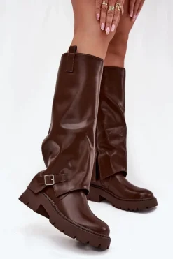 Sale Ocieplane Kozaki Z Wywiniętą Cholewką I Klamrą Czekoladowe Fiorae Damskie Kozaki Ocieplane|Kozaki Z Wywiniętą Cholewką