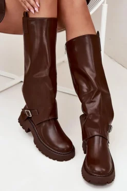 Sale Ocieplane Kozaki Z Wywiniętą Cholewką I Klamrą Czekoladowe Fiorae Damskie Kozaki Ocieplane|Kozaki Z Wywiniętą Cholewką