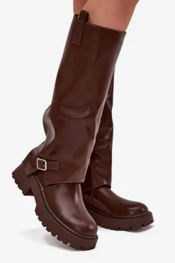Sale Ocieplane Kozaki Z Wywiniętą Cholewką I Klamrą Czekoladowe Fiorae Damskie Kozaki Ocieplane|Kozaki Z Wywiniętą Cholewką