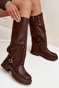 Sale Ocieplane Kozaki Z Wywiniętą Cholewką I Klamrą Czekoladowe Fiorae Damskie Kozaki Ocieplane|Kozaki Z Wywiniętą Cholewką