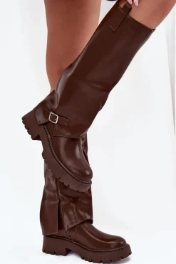 Sale Ocieplane Kozaki Z Wywiniętą Cholewką I Klamrą Czekoladowe Fiorae Damskie Kozaki Ocieplane|Kozaki Z Wywiniętą Cholewką