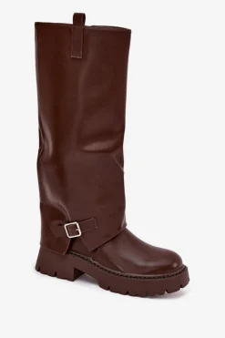 Sale Ocieplane Kozaki Z Wywiniętą Cholewką I Klamrą Czekoladowe Fiorae Damskie Kozaki Ocieplane|Kozaki Z Wywiniętą Cholewką