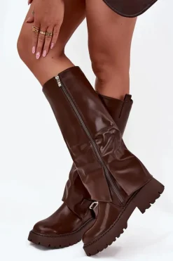 Sale Ocieplane Kozaki Z Wywiniętą Cholewką I Klamrą Czekoladowe Fiorae Damskie Kozaki Ocieplane|Kozaki Z Wywiniętą Cholewką