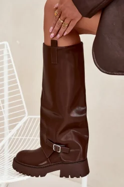 Sale Ocieplane Kozaki Z Wywiniętą Cholewką I Klamrą Czekoladowe Fiorae Damskie Kozaki Ocieplane|Kozaki Z Wywiniętą Cholewką