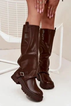 Sale Ocieplane Kozaki Z Wywiniętą Cholewką I Klamrą Czekoladowe Fiorae Damskie Kozaki Ocieplane|Kozaki Z Wywiniętą Cholewką