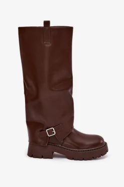 Sale Ocieplane Kozaki Z Wywiniętą Cholewką I Klamrą Czekoladowe Fiorae Damskie Kozaki Ocieplane|Kozaki Z Wywiniętą Cholewką