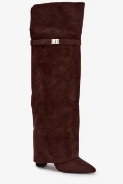 Ocieplane Kozaki Z Wywiniętą Cholewką Za Kolano Obcas Słupek Czekoladowe Serelle Damskie Kozaki Ocieplane|Muszkieterki
