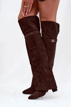 Ocieplane Kozaki Z Wywiniętą Cholewką Za Kolano Obcas Słupek Czekoladowe Serelle Damskie Kozaki Ocieplane|Muszkieterki