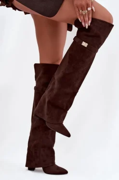 Ocieplane Kozaki Z Wywiniętą Cholewką Za Kolano Obcas Słupek Czekoladowe Serelle Damskie Kozaki Ocieplane|Muszkieterki