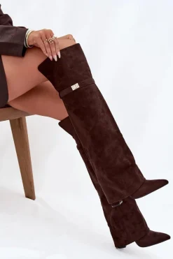 Ocieplane Kozaki Z Wywiniętą Cholewką Za Kolano Obcas Słupek Czekoladowe Serelle Damskie Kozaki Ocieplane|Muszkieterki