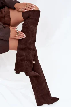 Ocieplane Kozaki Z Wywiniętą Cholewką Za Kolano Obcas Słupek Czekoladowe Serelle Damskie Kozaki Ocieplane|Muszkieterki