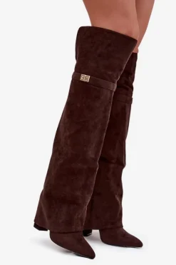 Ocieplane Kozaki Z Wywiniętą Cholewką Za Kolano Obcas Słupek Czekoladowe Serelle Damskie Kozaki Ocieplane|Muszkieterki