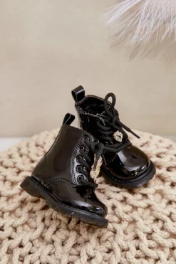 Best Ocieplane Lakierowane Botki Dziecięce Z Misiem Na Zamek Czarne Enchanta Dzieci Dziewczęce