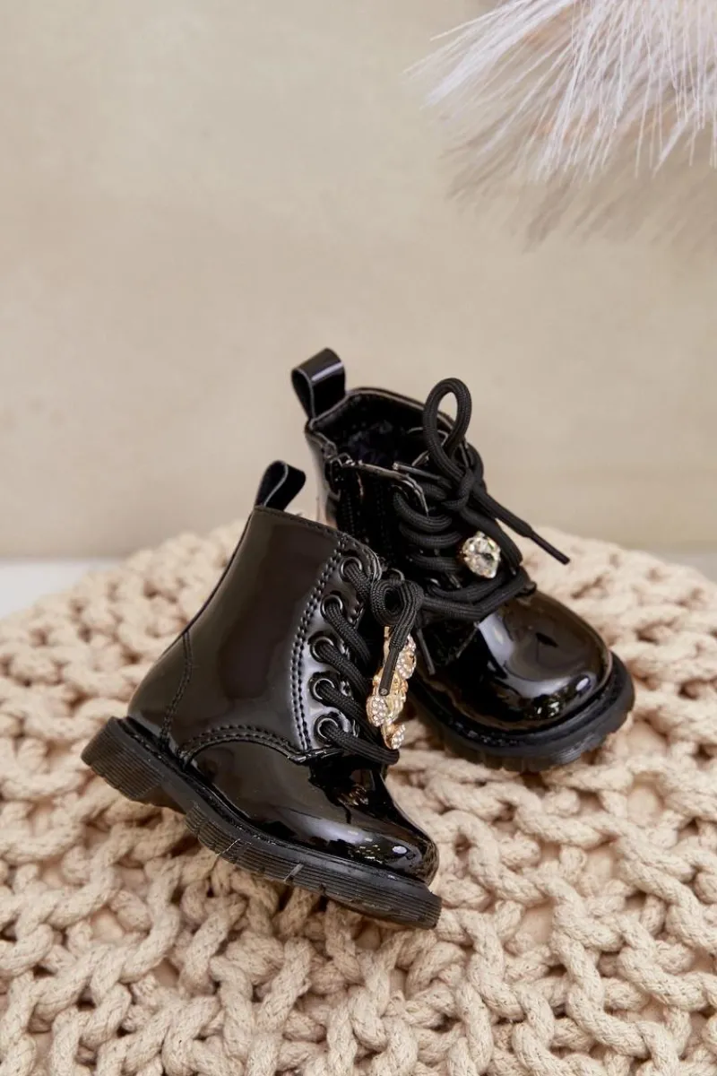 Best Ocieplane Lakierowane Botki Dziecięce Z Misiem Na Zamek Czarne Enchanta Dzieci Dziewczęce