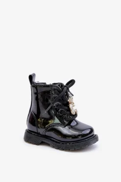 Best Ocieplane Lakierowane Botki Dziecięce Z Misiem Na Zamek Czarne Enchanta Dzieci Dziewczęce