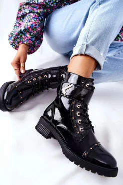 Botki Sznurowane|Botki Zimowe Damskie>Boto Ocieplane Lakierowane Botki Czarne Colira