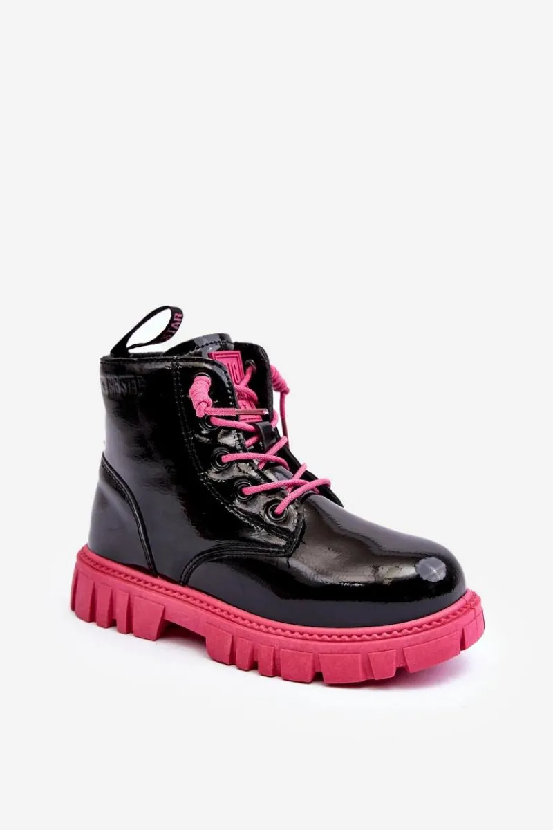 Sale Big Star Shoes Ocieplane Lakierowane Botki Dziecięce Big Star MM374148 Czarno-Różowe