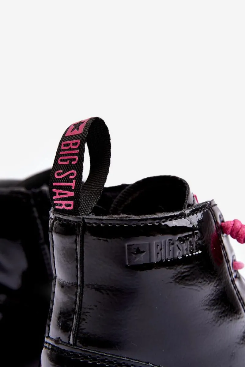 Sale Big Star Shoes Ocieplane Lakierowane Botki Dziecięce Big Star MM374148 Czarno-Różowe