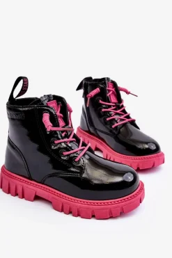 Sale Big Star Shoes Ocieplane Lakierowane Botki Dziecięce Big Star MM374148 Czarno-Różowe