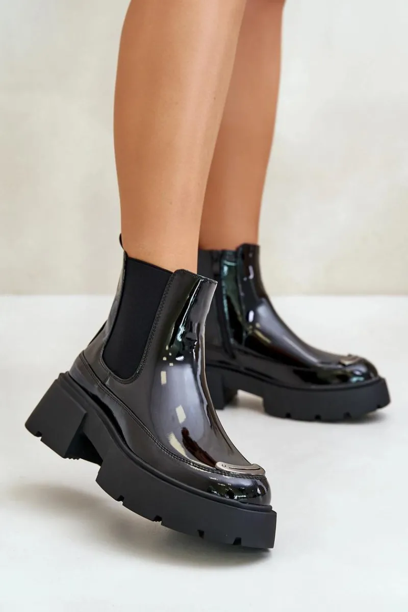 Outlet Boto Ocieplane Lakierowane Botki Sztyblety Na Zamek Czarne Jesschris