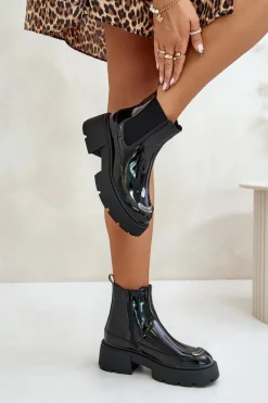 Outlet Boto Ocieplane Lakierowane Botki Sztyblety Na Zamek Czarne Jesschris