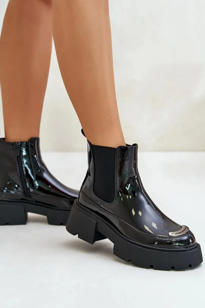 Outlet Boto Ocieplane Lakierowane Botki Sztyblety Na Zamek Czarne Jesschris