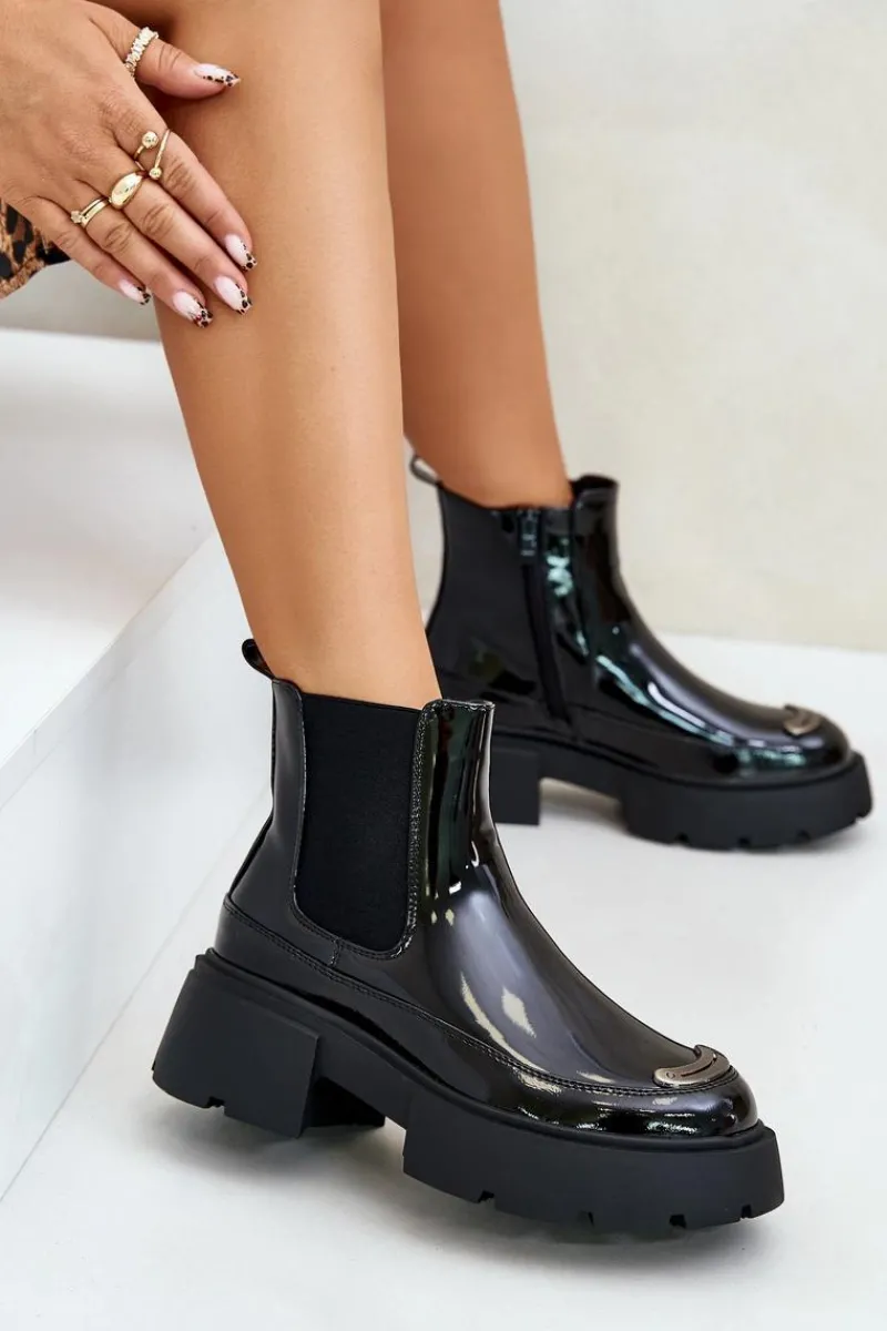 Outlet Boto Ocieplane Lakierowane Botki Sztyblety Na Zamek Czarne Jesschris