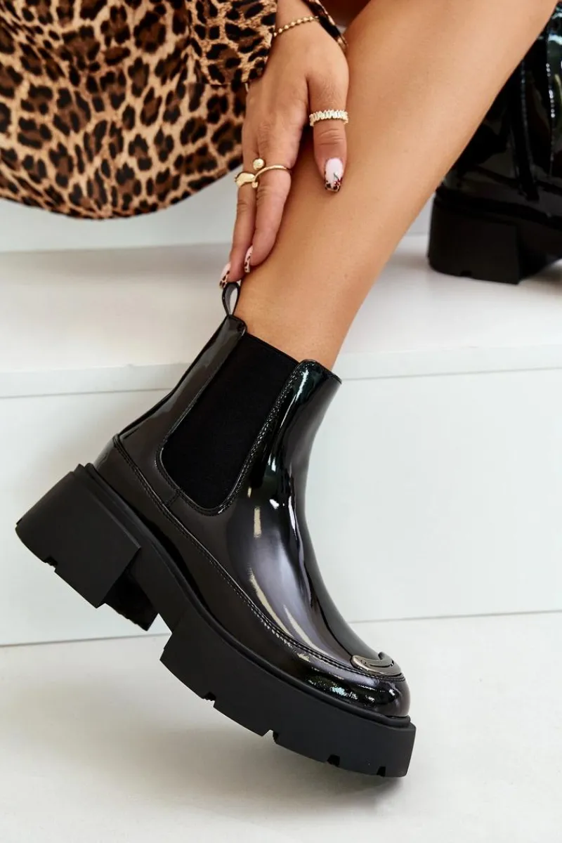 Outlet Boto Ocieplane Lakierowane Botki Sztyblety Na Zamek Czarne Jesschris