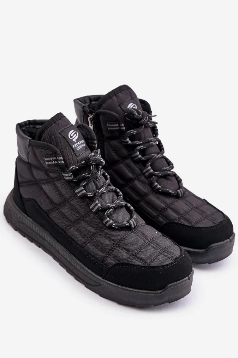 Ocieplane Męskie Buty Zimowe Sznurowane Progress PROGJ-24-153 Czarne Męskie Botki Męskie