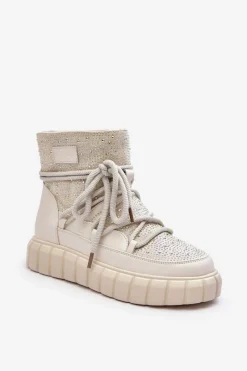 Sale GOE Ocieplane Śniegowce Zdobione Dżetami MM2N4081 Beżowe