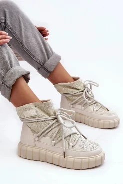 Sale GOE Ocieplane Śniegowce Zdobione Dżetami MM2N4081 Beżowe