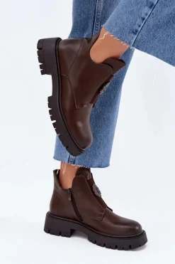 Clearance Boto Ocieplane Niskie Botki Damskie Z Ozdobą Na Zamek Brązowe Lavira