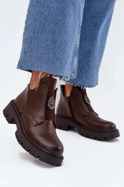 Clearance Boto Ocieplane Niskie Botki Damskie Z Ozdobą Na Zamek Brązowe Lavira