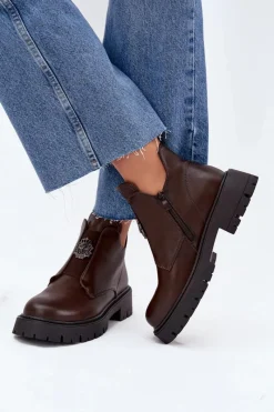 Clearance Boto Ocieplane Niskie Botki Damskie Z Ozdobą Na Zamek Brązowe Lavira