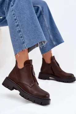 Clearance Boto Ocieplane Niskie Botki Damskie Z Ozdobą Na Zamek Brązowe Lavira