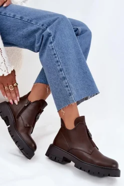 Clearance Boto Ocieplane Niskie Botki Damskie Z Ozdobą Na Zamek Brązowe Lavira