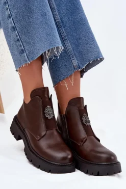 Clearance Boto Ocieplane Niskie Botki Damskie Z Ozdobą Na Zamek Brązowe Lavira