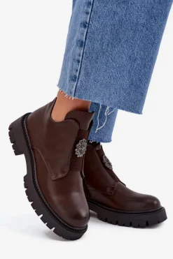 Clearance Boto Ocieplane Niskie Botki Damskie Z Ozdobą Na Zamek Brązowe Lavira