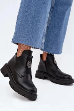 Botki Skórzane|Botki Zimowe Damskie>Boto Ocieplane Niskie Botki Damskie Z Ozdobą Na Zamek Czarne Lavira