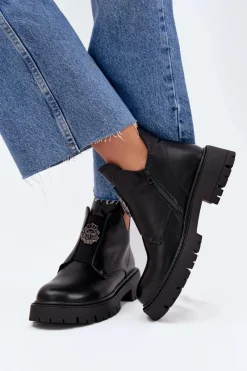 Botki Skórzane|Botki Zimowe Damskie>Boto Ocieplane Niskie Botki Damskie Z Ozdobą Na Zamek Czarne Lavira