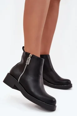 Clearance Ocieplane Niskie Botki Damskie Z Cyrkoniami Czarne Vionna Damskie Botki Ocieplane|Botki Skórzane