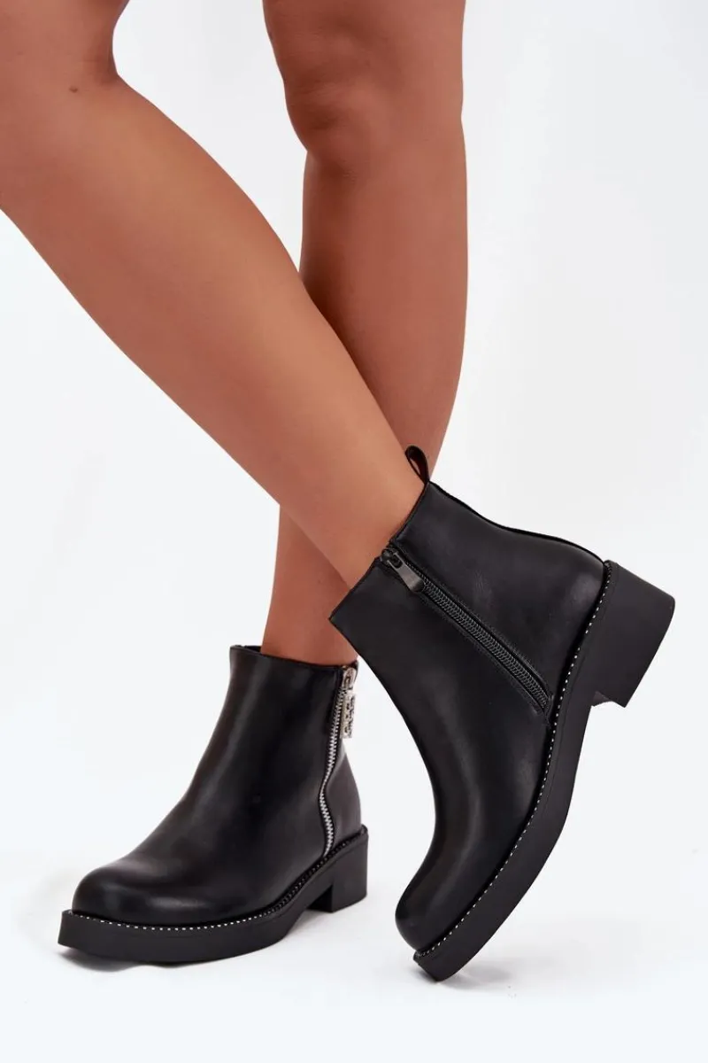 Clearance Ocieplane Niskie Botki Damskie Z Cyrkoniami Czarne Vionna Damskie Botki Ocieplane|Botki Skórzane