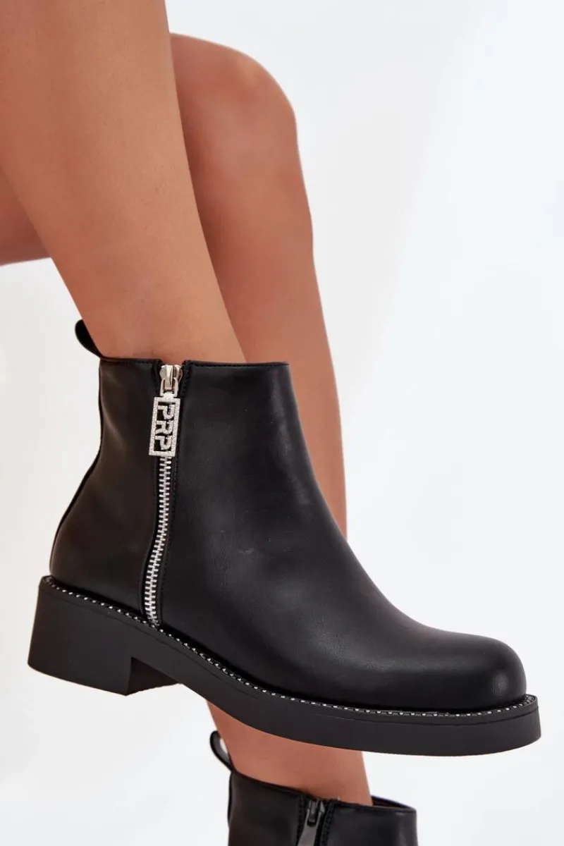 Clearance Ocieplane Niskie Botki Damskie Z Cyrkoniami Czarne Vionna Damskie Botki Ocieplane|Botki Skórzane