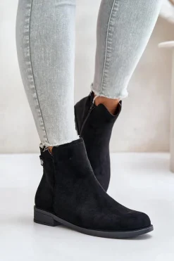 Ocieplane Niskie Botki Sztyblety Na Zamek Eko Zamszowe Czarne Telluara Damskie Czarne Botki|Botki Zimowe Damskie