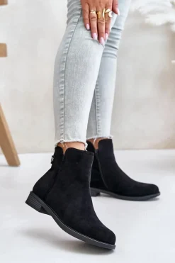 Ocieplane Niskie Botki Sztyblety Na Zamek Eko Zamszowe Czarne Telluara Damskie Czarne Botki|Botki Zimowe Damskie