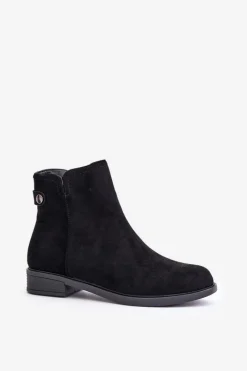 Ocieplane Niskie Botki Sztyblety Na Zamek Eko Zamszowe Czarne Telluara Damskie Czarne Botki|Botki Zimowe Damskie